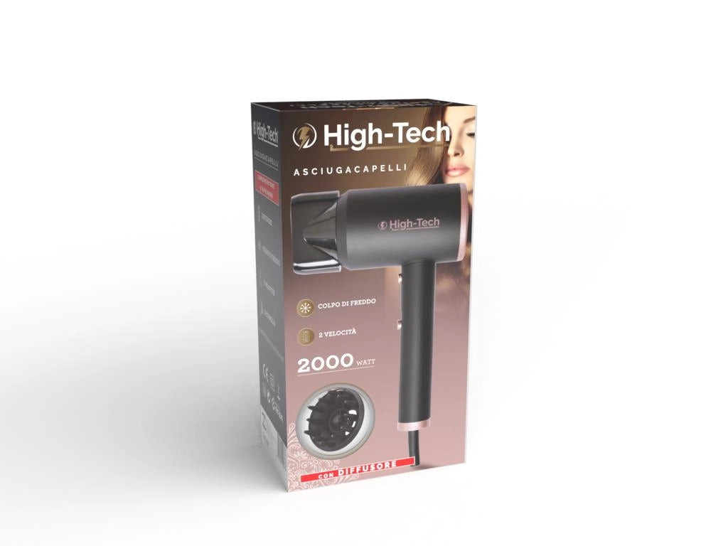 HIGH-TECH ASCIUGACAPELLI CON DIFFUSORE DA 2000 W A 2 VELOCITÀ