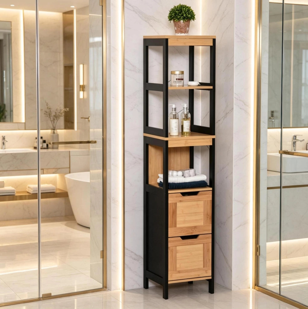 Mobiletto bagno alto in bambù e MDF con 3 ripiani e 2 cassetti, salvaspazio colore naturale e nero, 30x30x144,3 cm