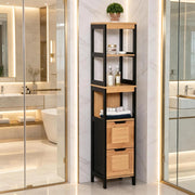 Mobiletto bagno alto in bambù e MDF con 3 ripiani e 2 cassetti, salvaspazio colore naturale e nero, 30x30x144,3 cm