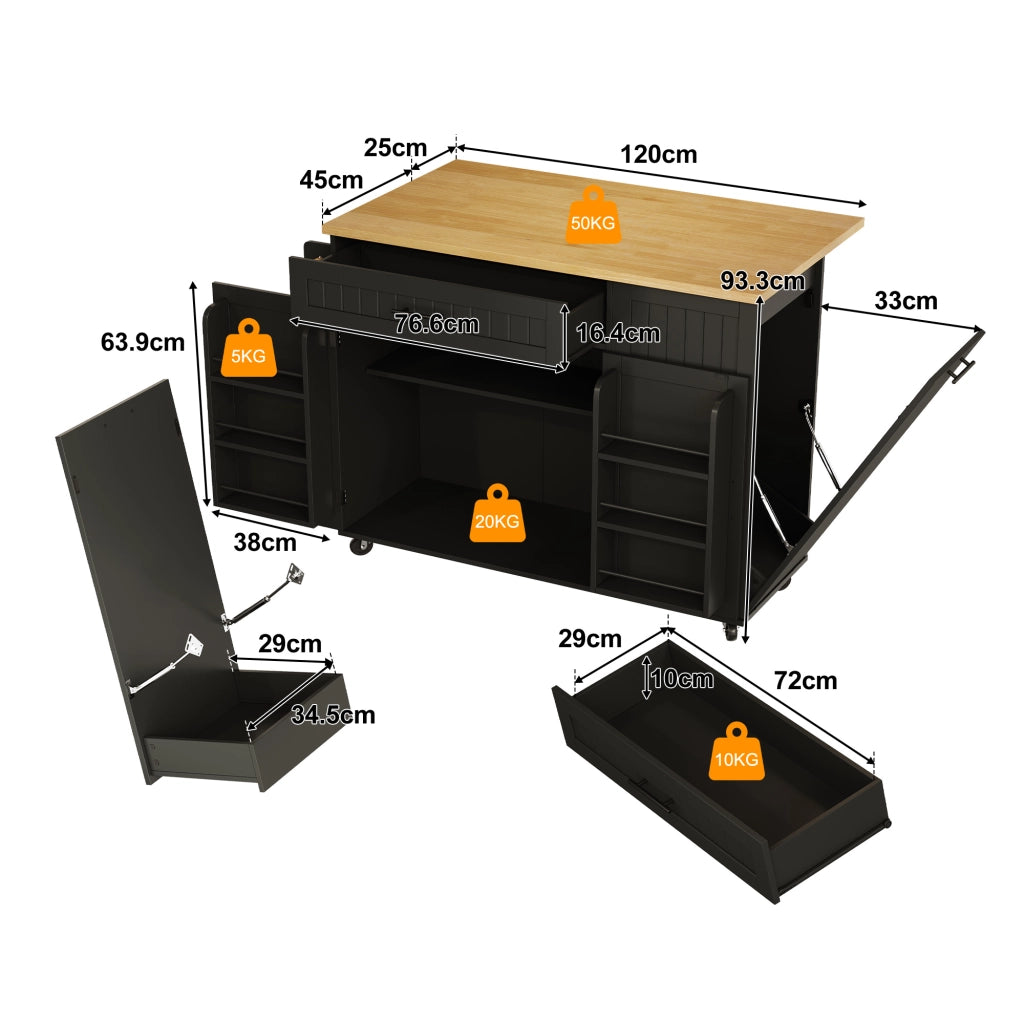Mobile base da cucina con piano pieghevole; vano pattumiera; cassetto e ruote bloccabili nero 130 × 70 × 93 cm