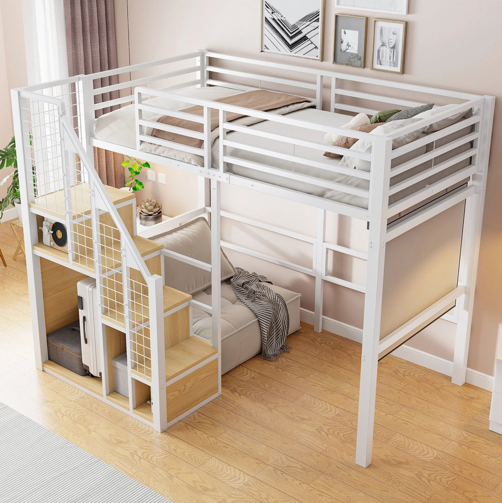 Letto a soppalco 90x200 cm in metallo bianco con guardaroba integrato HOMVRA