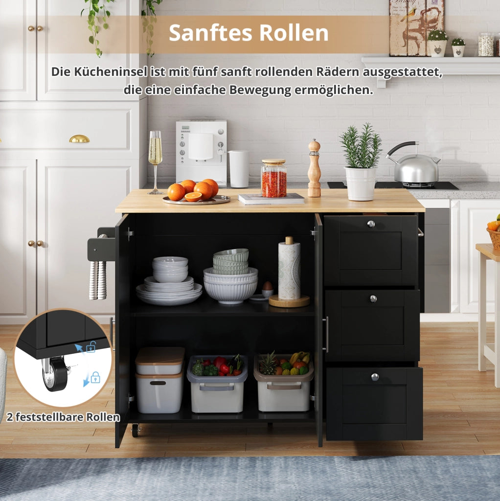 Carrello da cucina pieghevole con 3 cassetti e 2 ante; MDF; nero e naturale; 135 × 44/70 × 90 cm
