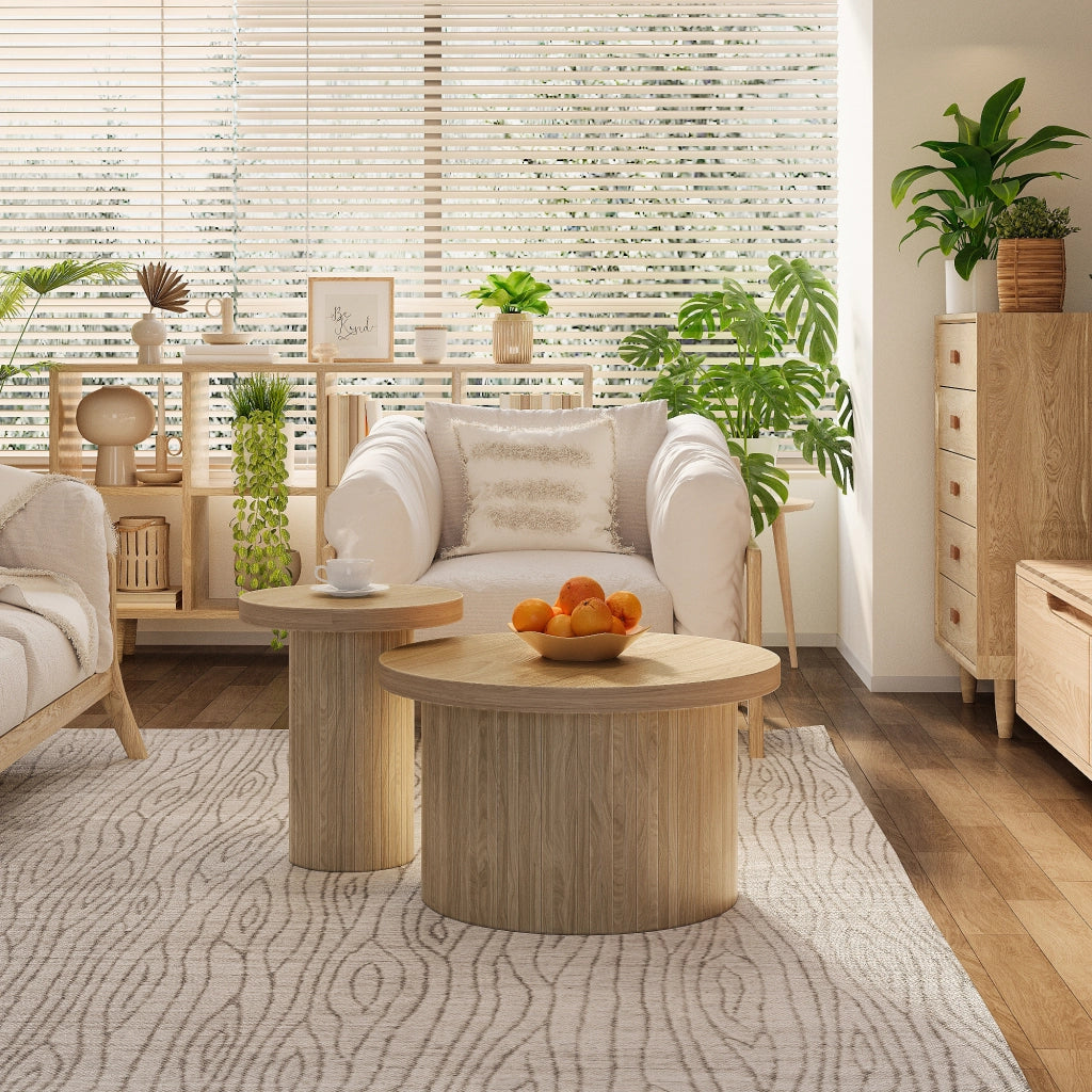 Tavolini da salotto impilabili modulari con struttura a doghe, stile naturale, in MDF, colore legno, per soggiorno