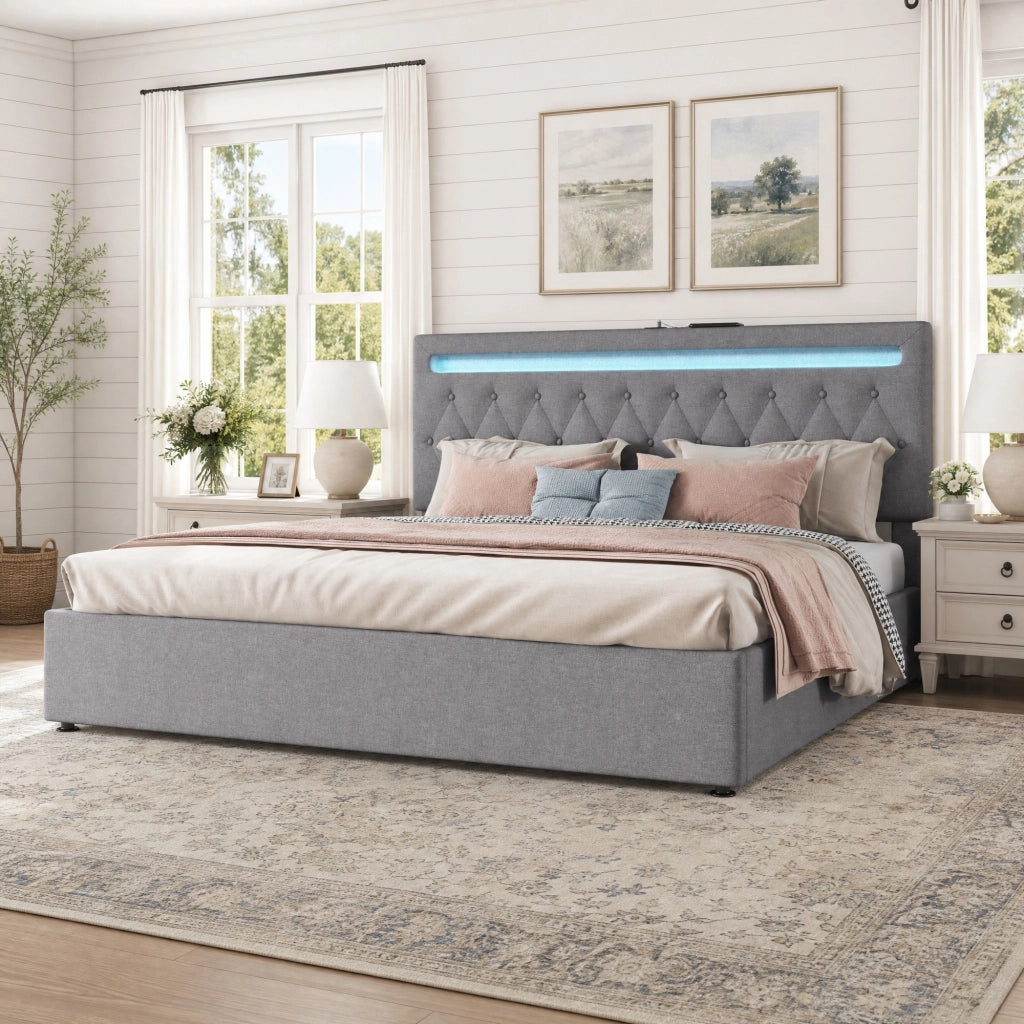 Letto contenitore 180 × 200 cm con sollevamento idraulico LED e porta USB in lino e MDF grigio