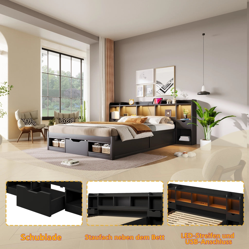 Letto con cassetti 140 × 200 cm con testiera e pediera contenitore LED a 7 colori in MDF nero