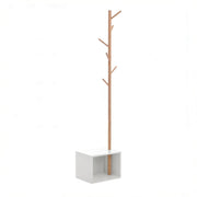 Mobile da ingresso appendiabiti con 6 ganci e vano contenitore, bianco e bambù, in MDF e legno, 40 × 30 × 180 cm