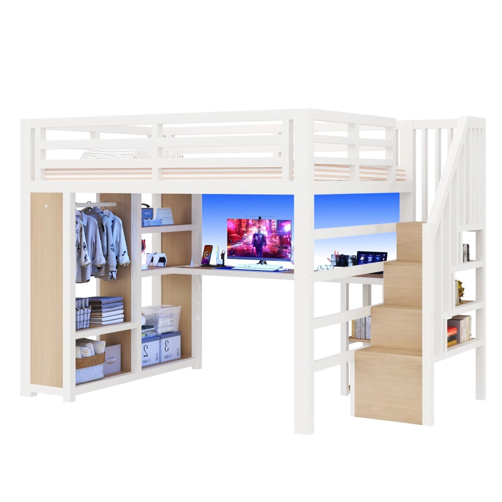 Letto a soppalco 140×200 cm 2 posti con scrivania, LED, USB, armadio e scaletta contenitore, senza materasso, metallo bianco