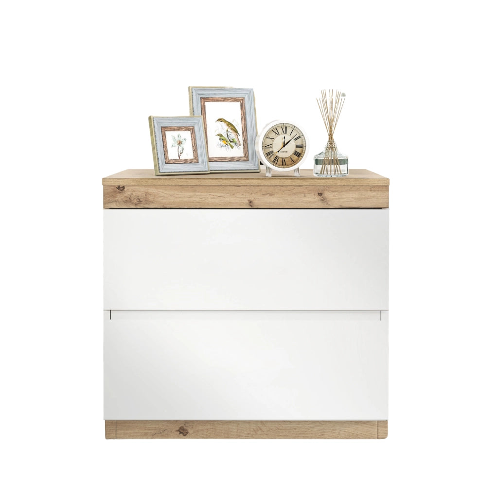 Comodino con due cassetti in pannello E1 effetto quercia e bianco, armadietto per camera da letto