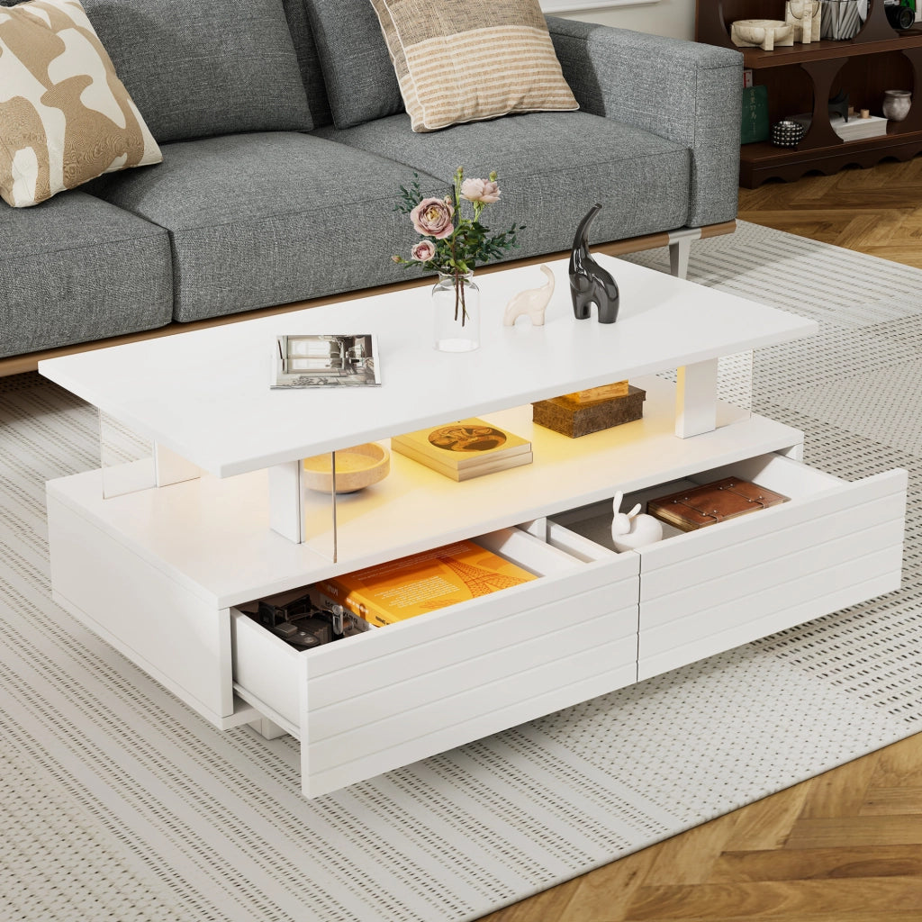 Tavolino da salotto LED bianco con contenitore e cassetti