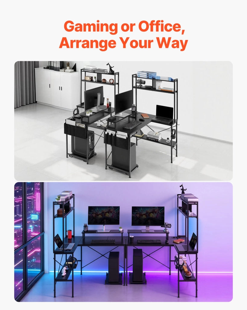 Scrivania Gaming Angolare a L Reversibile con Prese LED Ripiani e Supporto CPU Tavolo per Computer Ufficio 1200x900x1600 mm