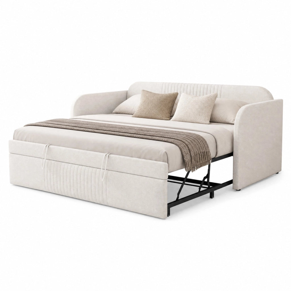 Divano letto imbottito estensibile con rete a doghe, beige