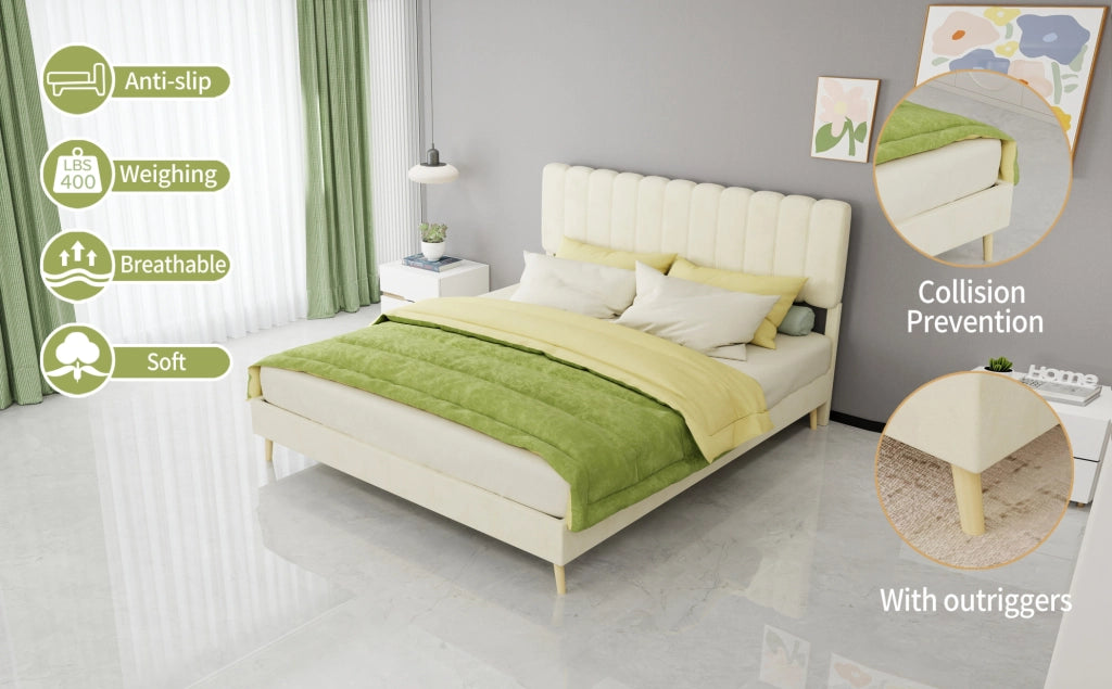 Letto imbottito moderno 160x200 cm beige con testiera morbida e base bassa senza contenitore, materasso incluso
