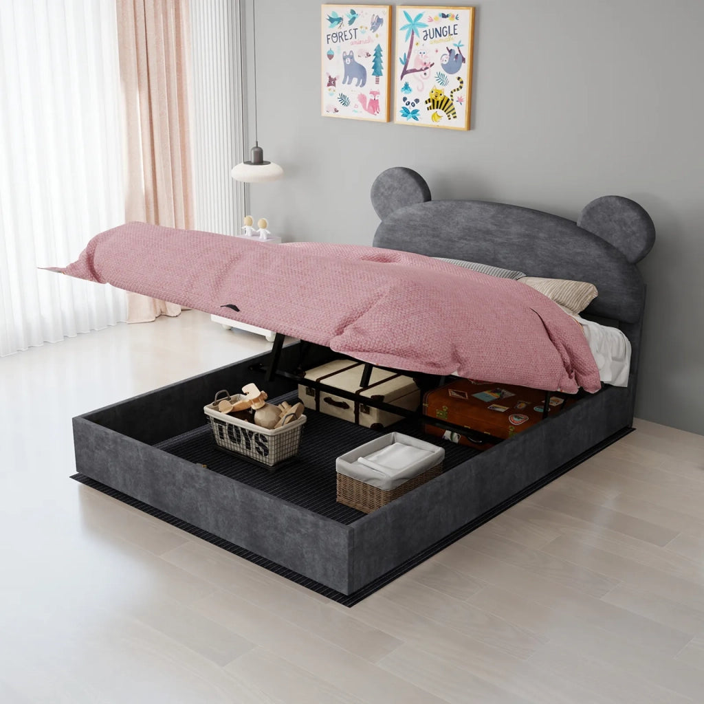 Letto imbottito moderno minimalista con testiera morbida a forma di cartone, 140x200 cm, grigio, base rialzata multifunzione con meccanismo a gas. Materasso non incluso.