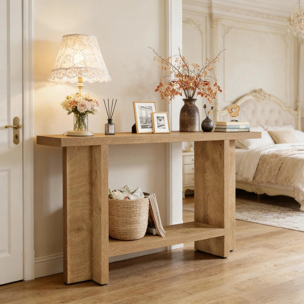 Consolle a due ripiani con struttura a T in MDF marrone per ingresso e soggiorno 150 × 30 × 80 cm