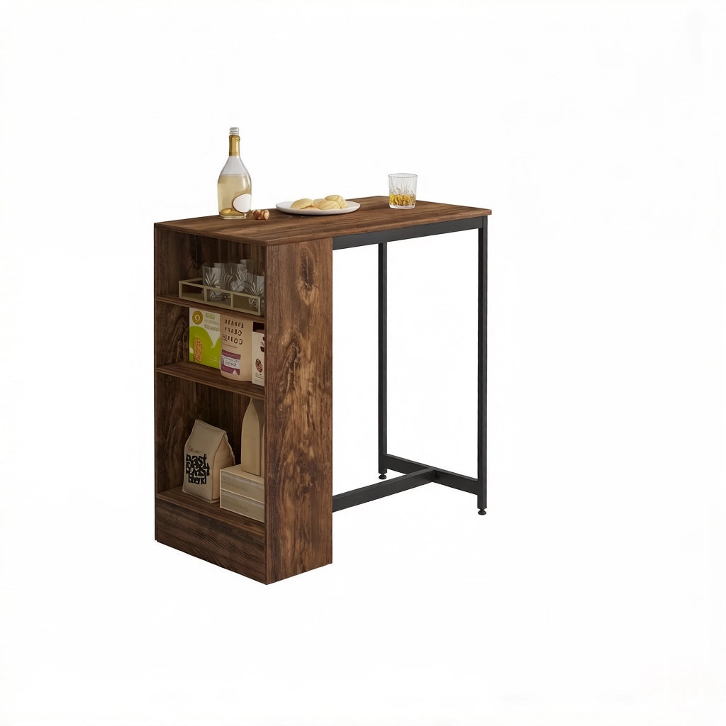 Tavolo da pranzo alto con 3 ripiani laterali per bottiglie e bicchieri, marrone rustico e nero, 91 × 49 × 91 cm