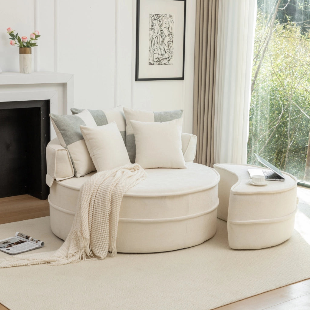 Poltrona lounge rotonda beige con pouf e 5 cuscini