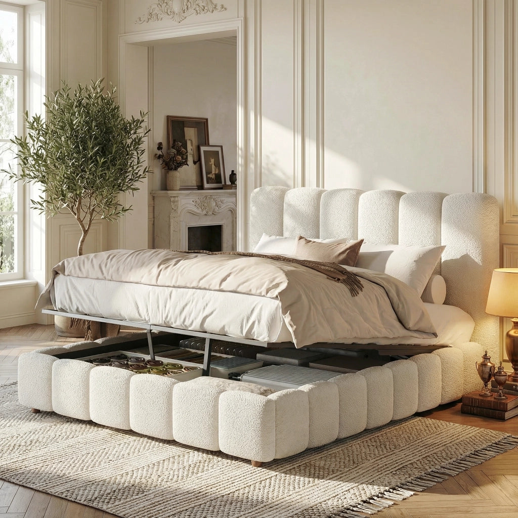 Letto contenitore 140 × 190 cm 2 posti con apertura idraulica e testiera imbottita; senza materasso; in bouclé bianco