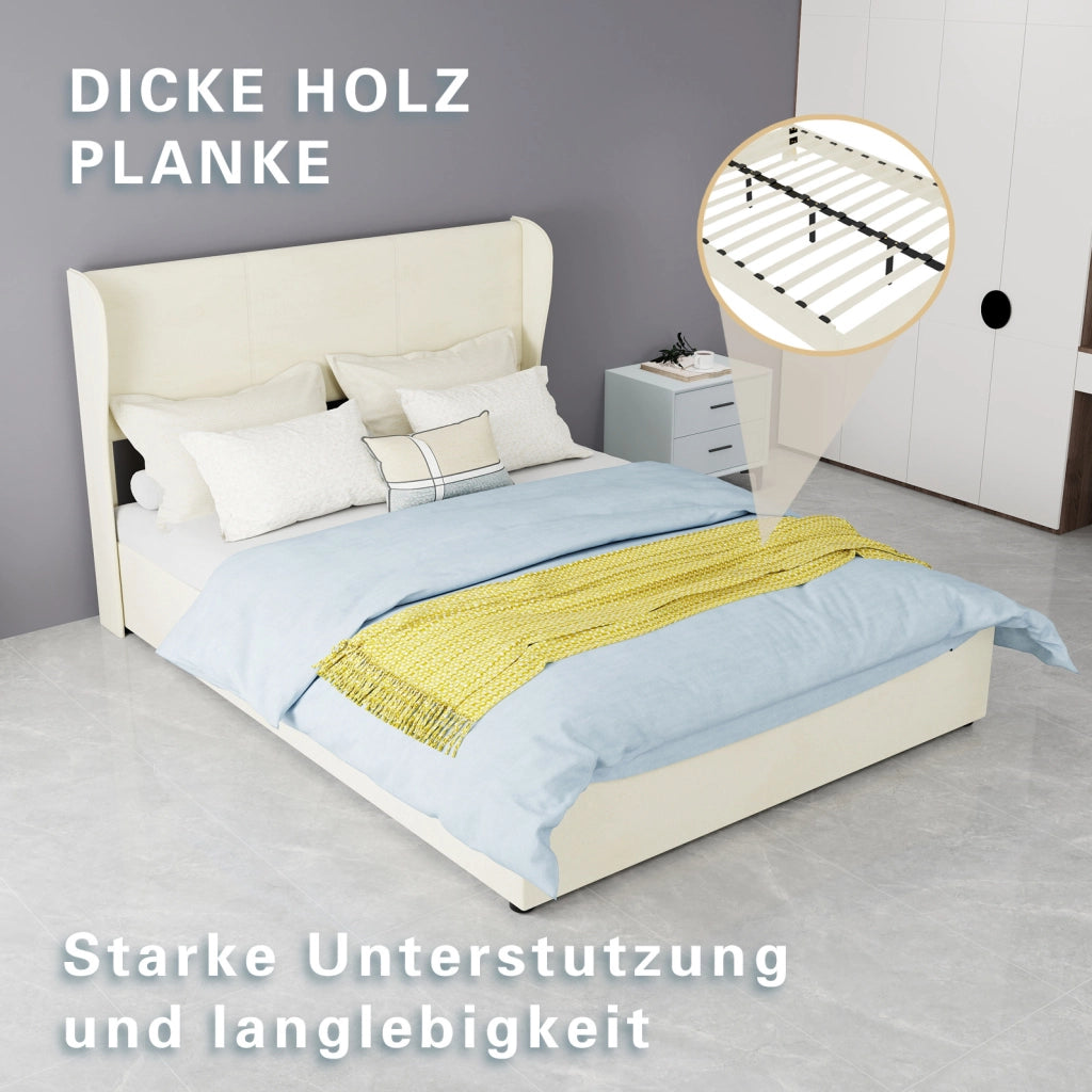 Letto Moderno Minimalista 140x200 cm Beige con Testiera Imbottita e Base Contenitore a Gas