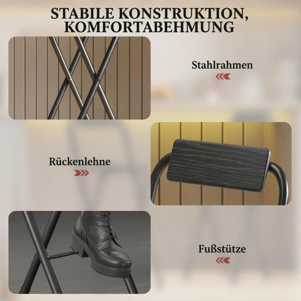 Sgabello da bar pieghevole 2 pezzi con schienale e poggiapiedi in acciaio e MDF nero per tavoli 89–99 cm