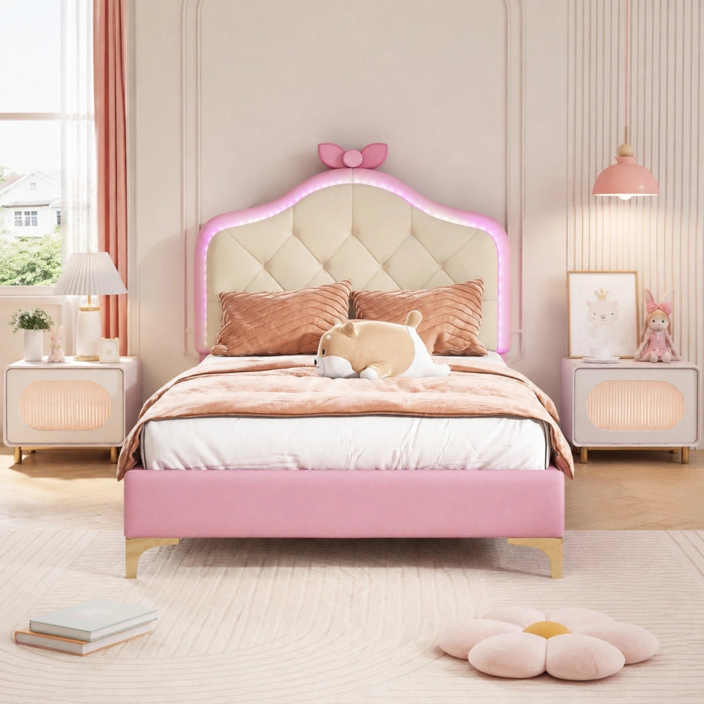 Letto singolo imbottito 90x200 cm rosa e bianco con LED multicolore