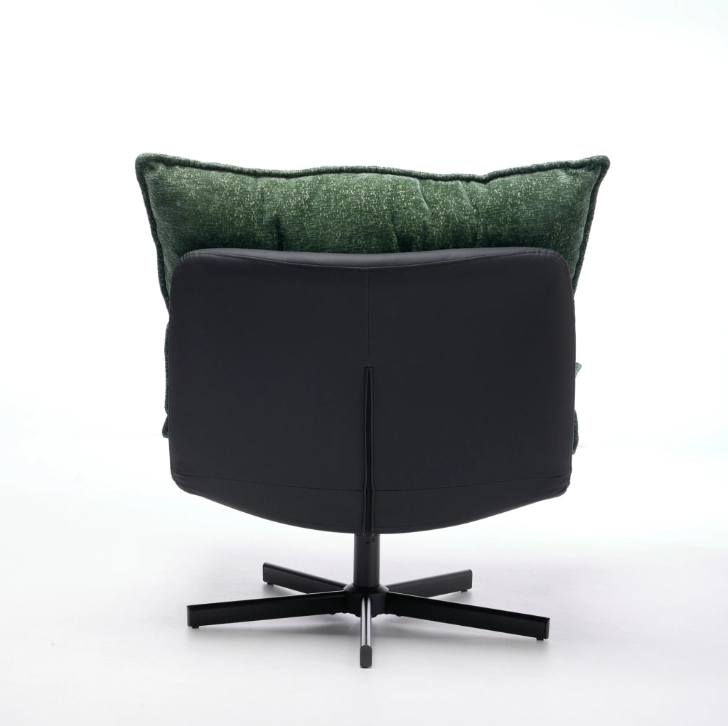 Poltrona relax girevole verde con 3 posizioni schienale, base in metallo nero e rivestimento in chenille e ecopelle