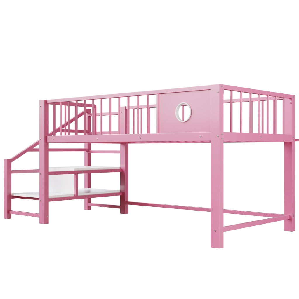Letto a soppalco basso 90 × 200 cm 1 posto con scala contenitore e vano sottostante; senza materasso; rosa