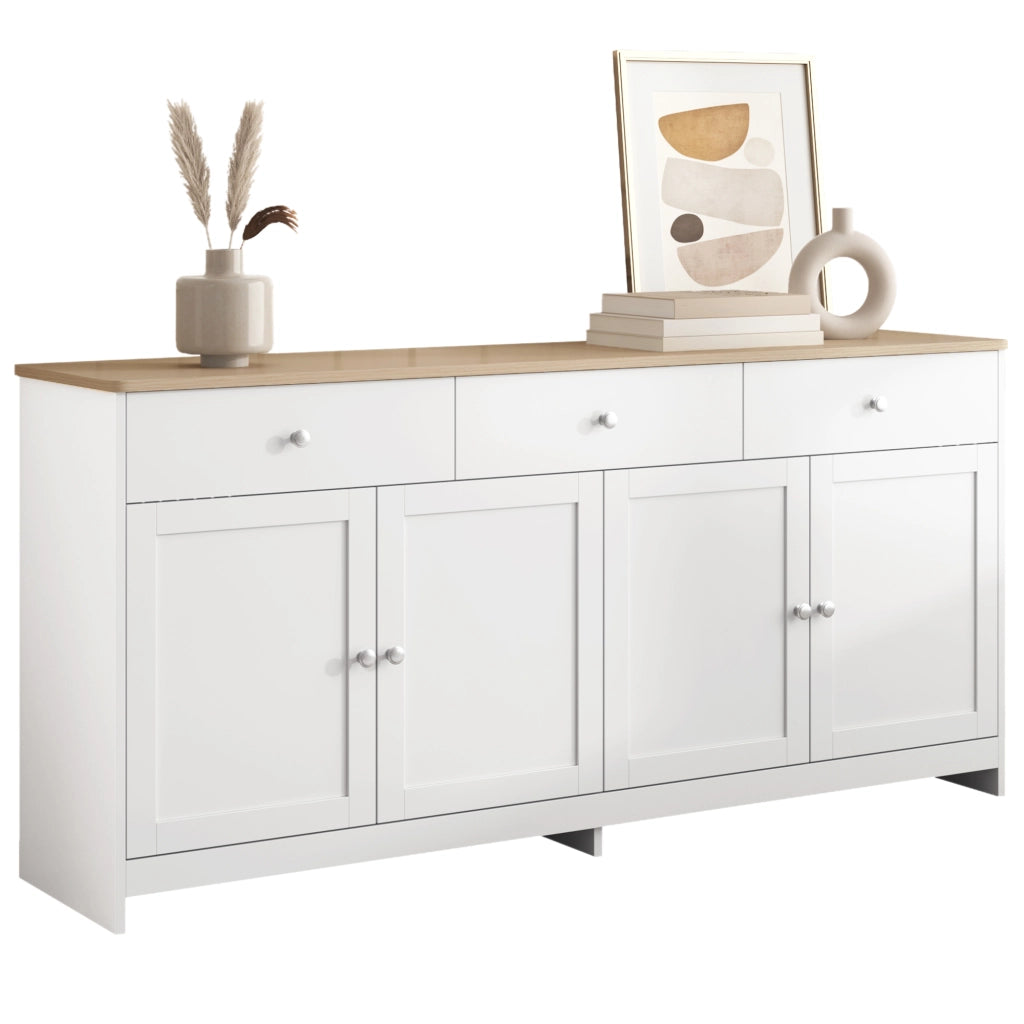 Credenza Bianca e Legno Mobile Buffet 160 cm con 4 Ante e 3 Cassetti in MDF Stile Rustico per Soggiorno e Sala da Pranzo