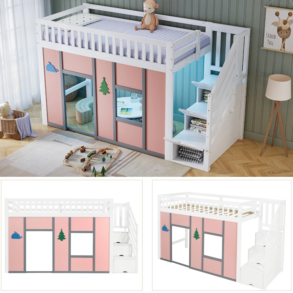 Letto a soppalco per bambini 90x200 cm bianco e rosa con LED