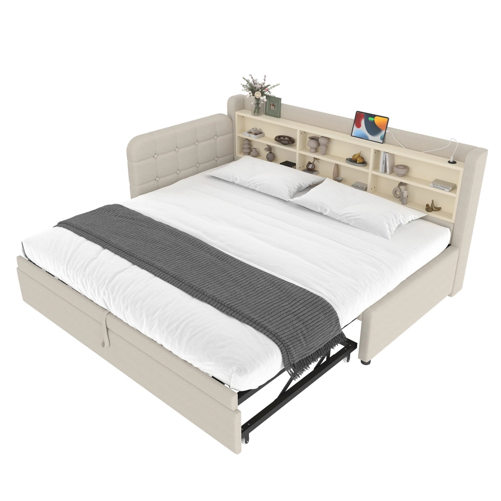 Divano Letto Estraibile 90/180x200 cm in Lino con USB-C; Scaffali; Testiera; Rete a Doghe; Beige