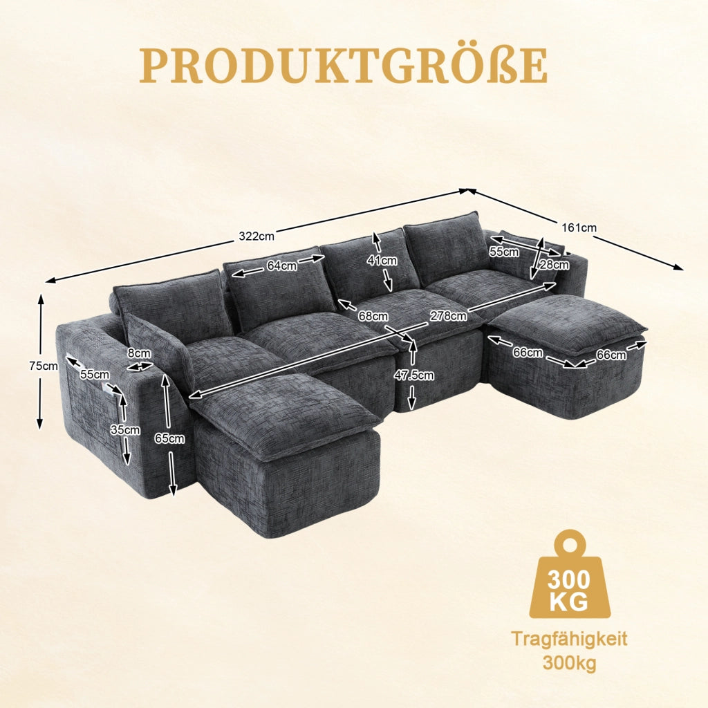 Divano modulare ULEVR 322x161x75 cm in ciniglia grigio scuro con cuscini e tasche laterali
