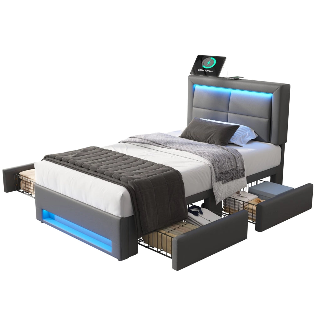 Letto imbottito singolo 90x200 cm con LED, USB e 4 cassetti