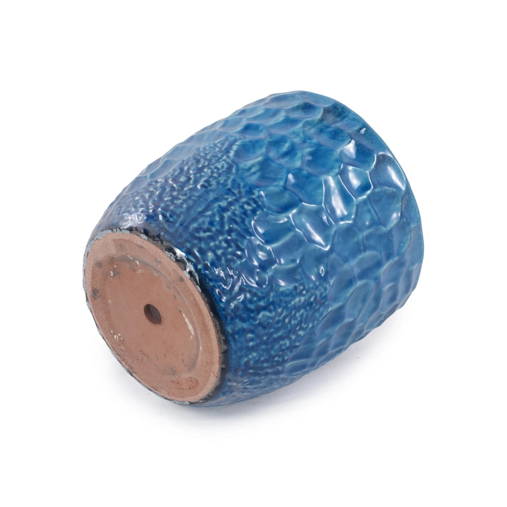 Vaso da fiori set di 4 blu smaltati con rilievo martellato e foro di drenaggio per interno balcone e giardino