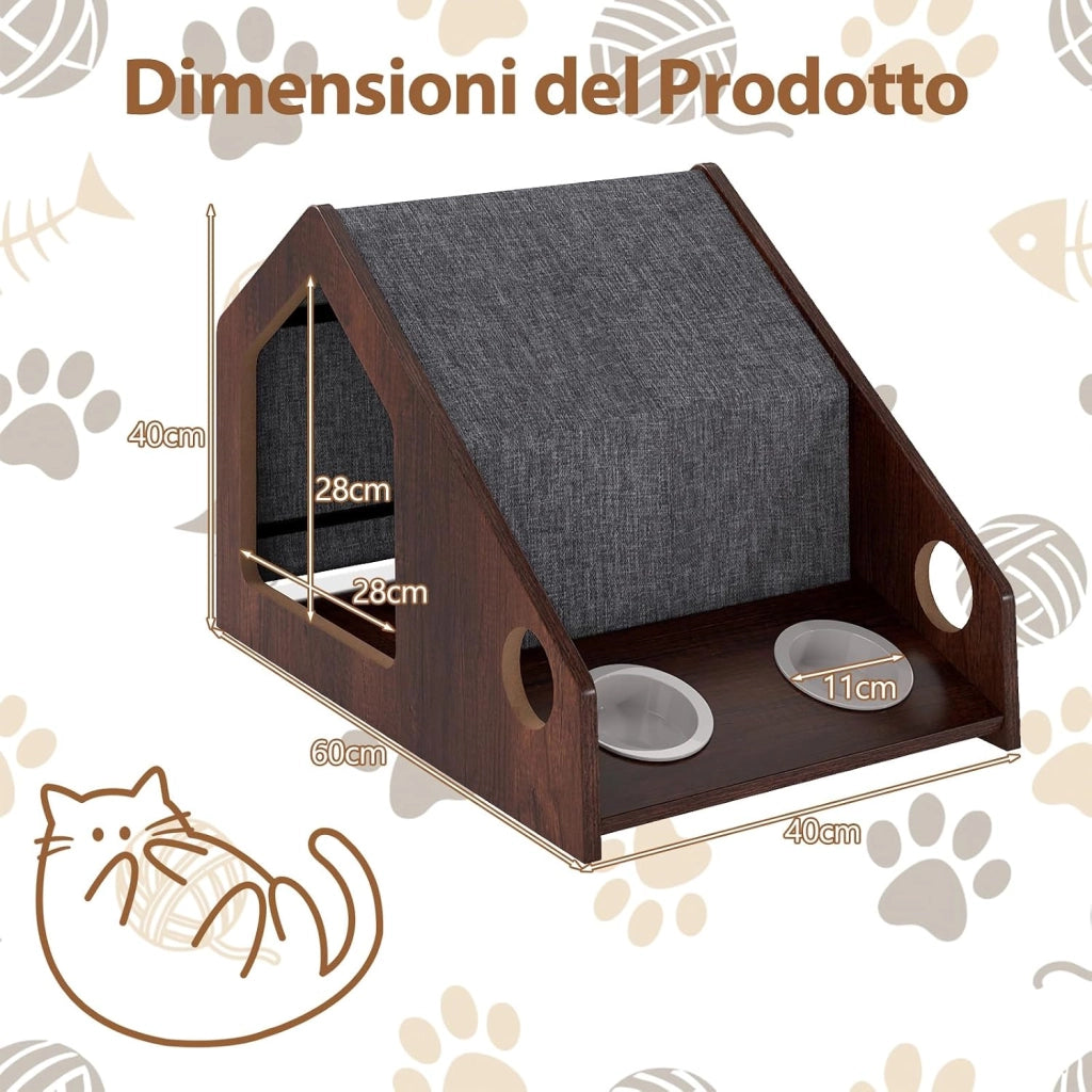 Casetta in Legno per Gatti da Interni con Stazione di Alimentazione
Condo per Gatti con Tetto Rimovibile e Struttura in Metallo, Cuccia per Gattini in Stile Fattoria, 60 x 40 x 40 cm