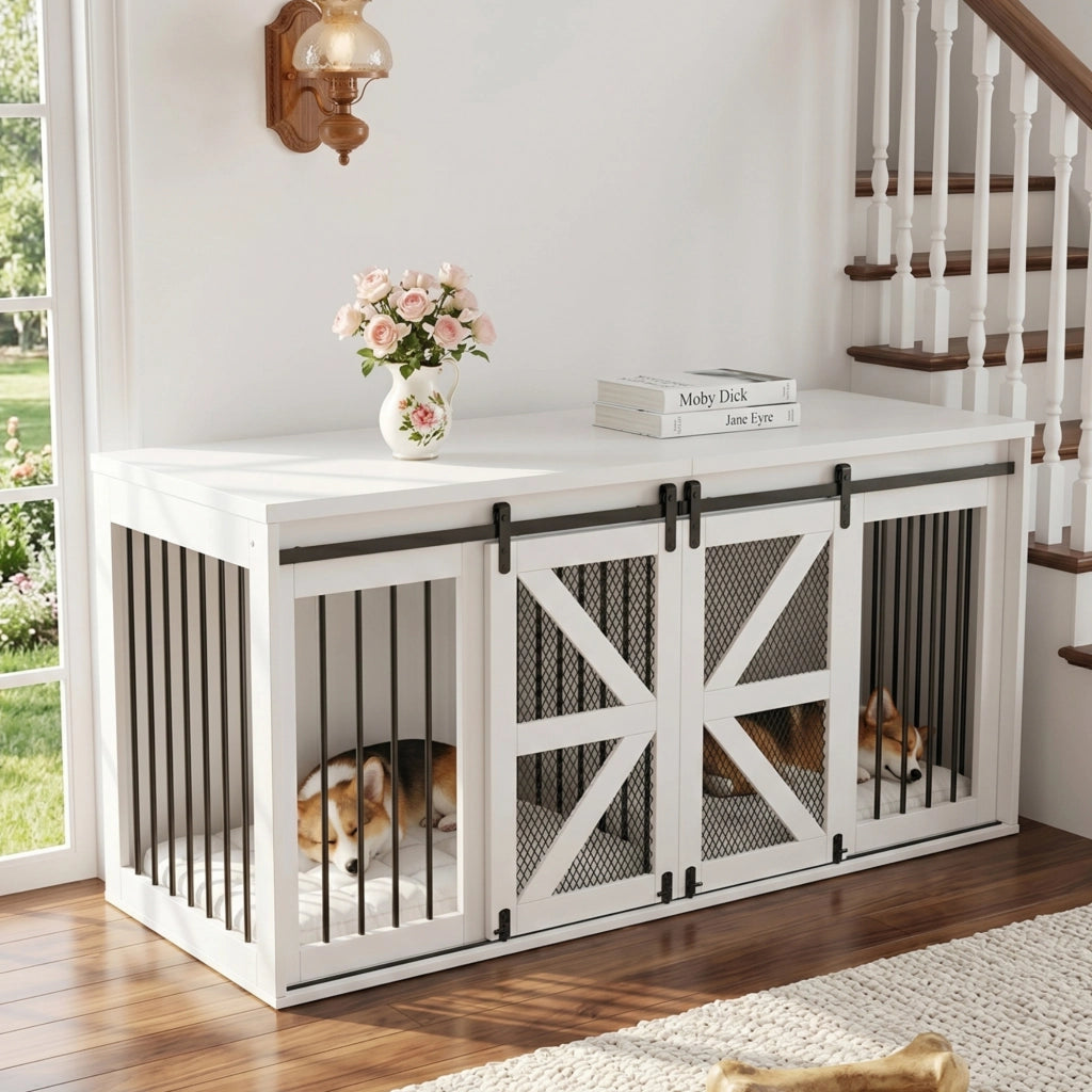 Gabbia per cani con divisorio centrale fisso e porte scorrevoli; in MDF e metallo bianco per due cani