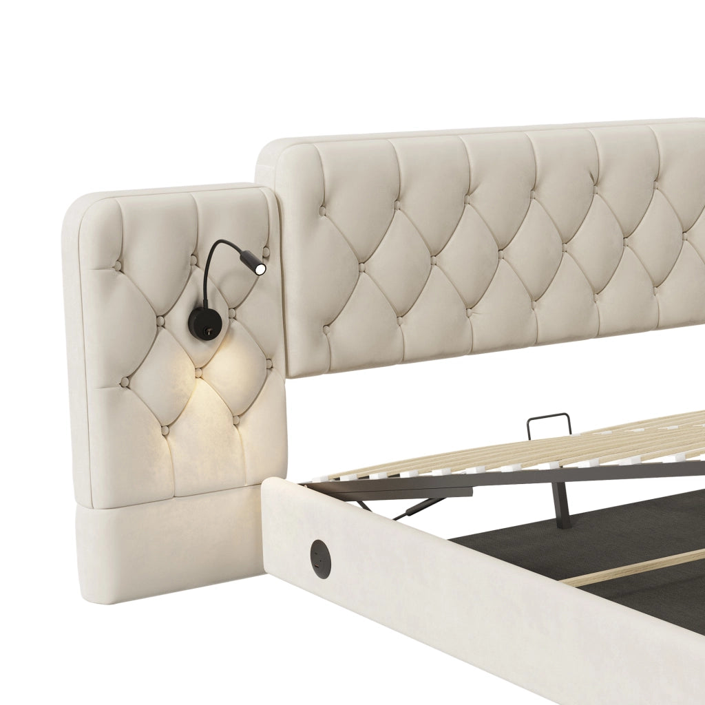 Letto matrimoniale contenitore 160 × 200 cm 2 posti con luci, USB e sollevamento idraulico, senza materasso, beige