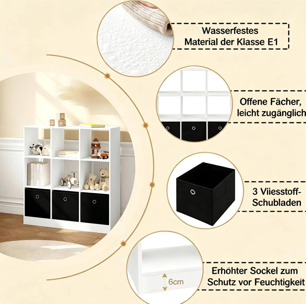 Libreria a cubi bianca e nera con 3 cassetti in tessuto, 80x86,5x30 cm, mensola indipendente per soggiorno e cucina