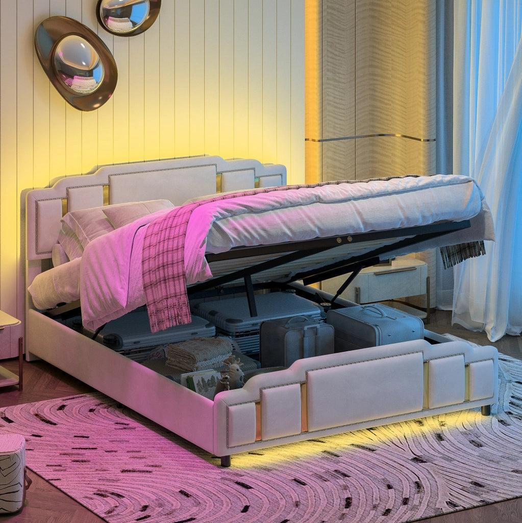 Letto matrimoniale 140x200 cm con contenitore idraulico e LED beige
