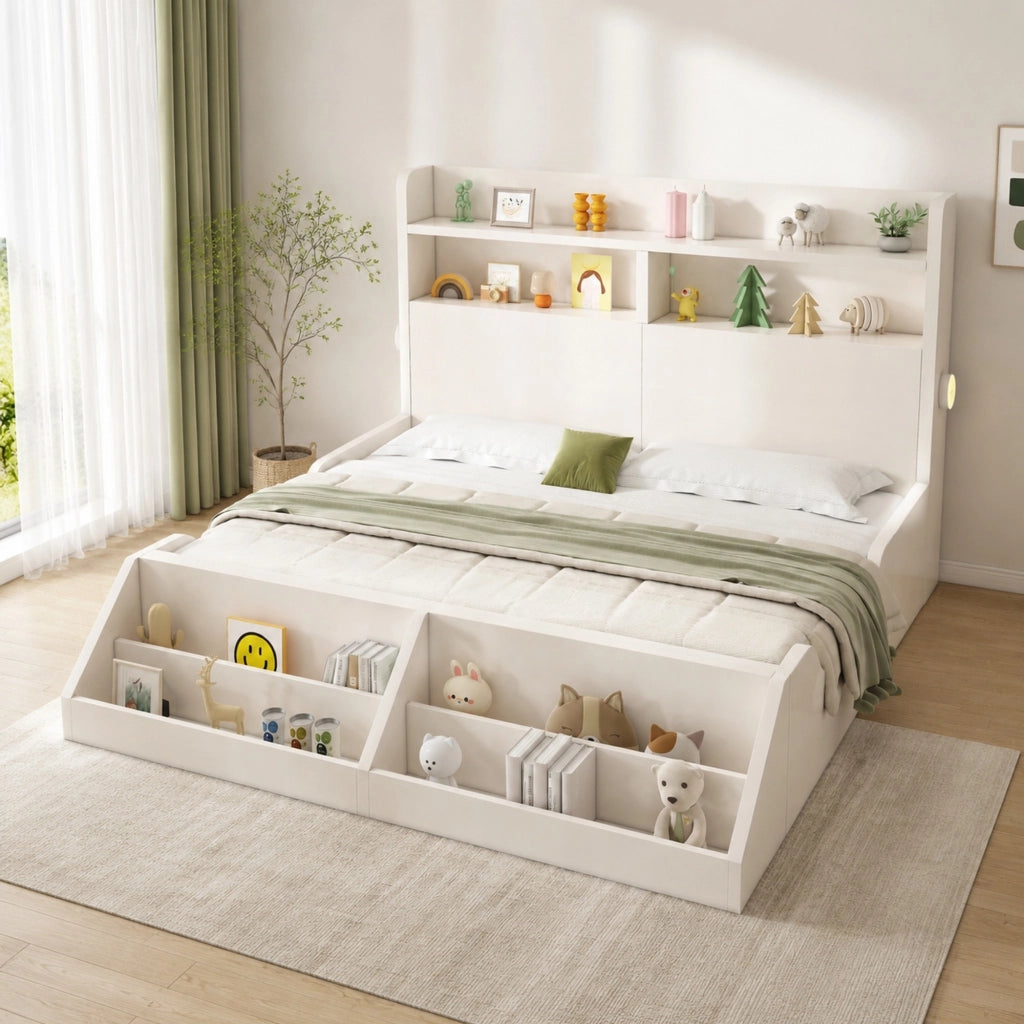 Letto matrimoniale con rete a doghe 140 × 200 cm in legno bianco con luci notturne e libreria rimovibile