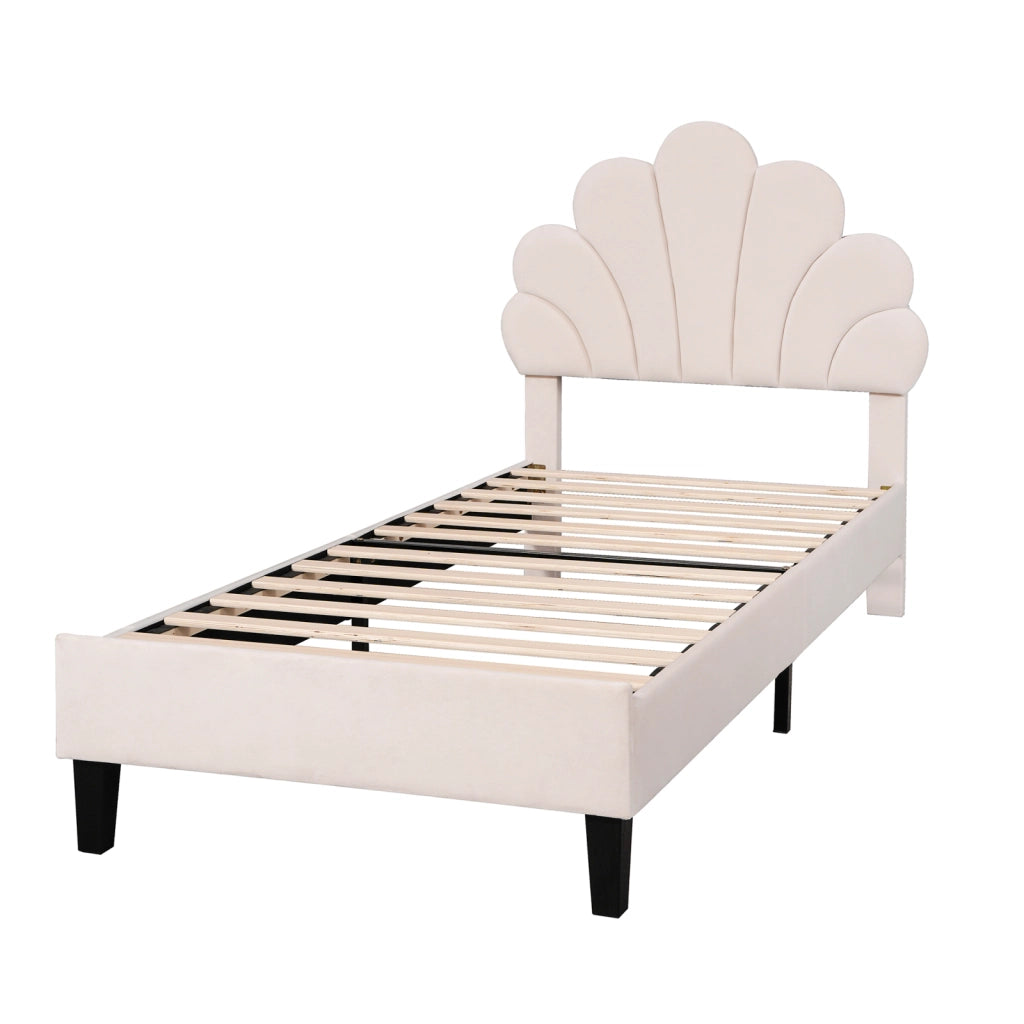 Letto Singolo per Bambini 90x200cm;Letto imbottito con Testiera Regolabile a Forma di Petalo;per Bambini; Adolescenti;Velluto Beige; senza Materasso