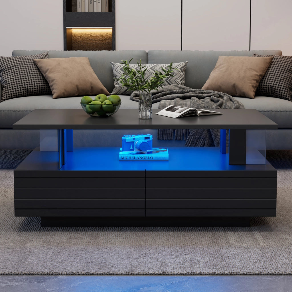 Tavolino da caffè LED 100x50x42 cm con 2 cassetti e ripiano aperto; controllo tramite app; acrilico nero
