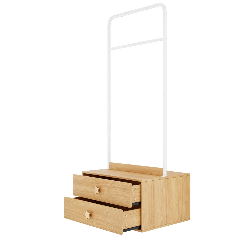 Appendiabiti per bambini con 2 cassetti, maniglie a stella, struttura in legno 70×55×168 cm, colore legno