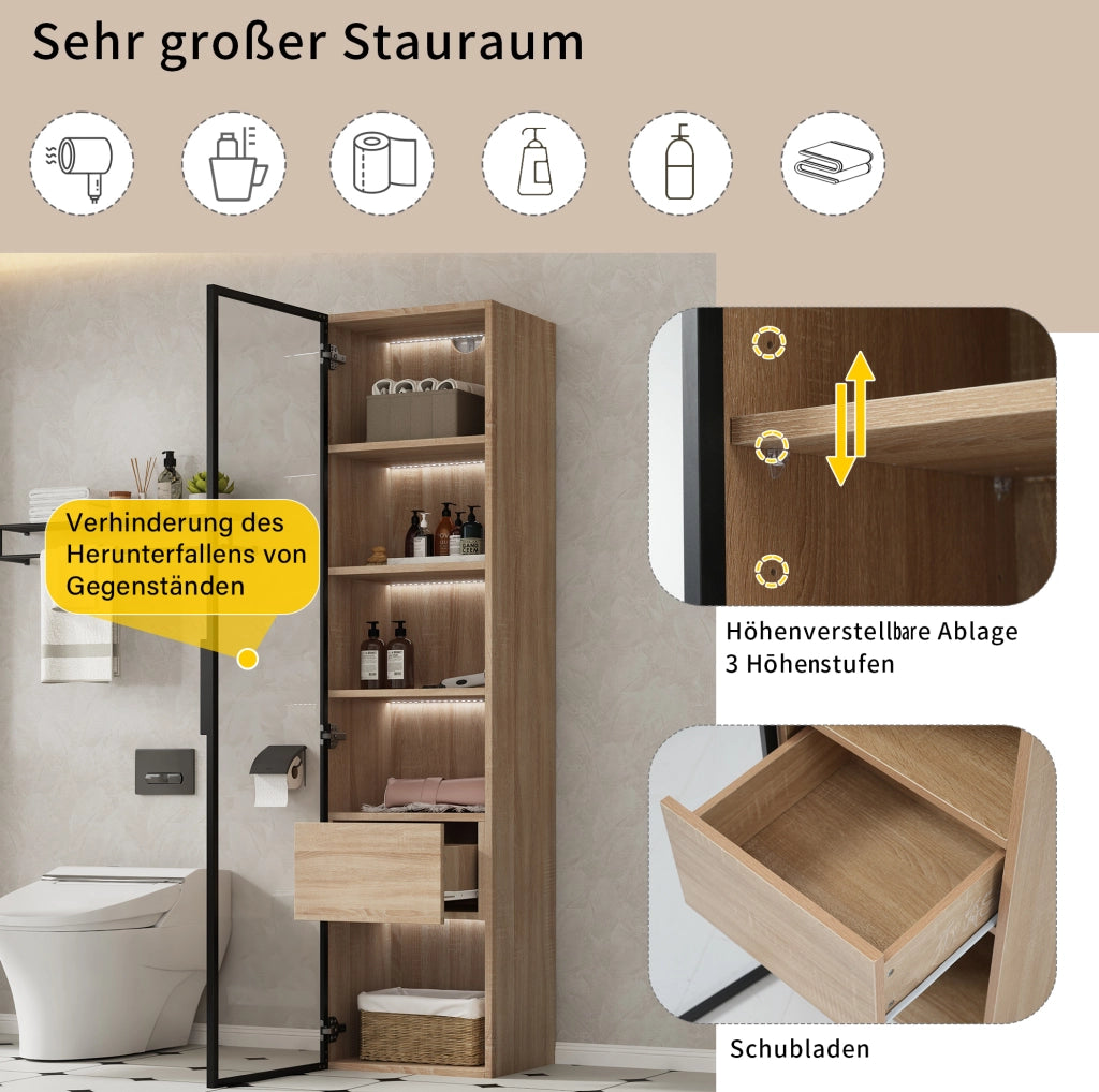 Mobiletto da bagno medio con luce, 40 cm di larghezza, 1 cassetto grande e 1 anta in vetro temperato