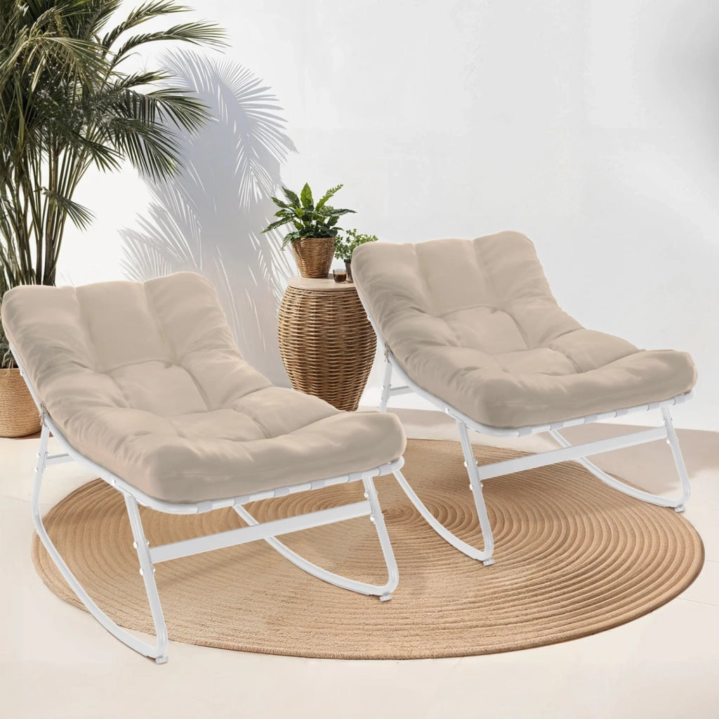 IDMarket - Set di 2 sedie a dondolo da giardino ARONA, bianche con cuscini beige