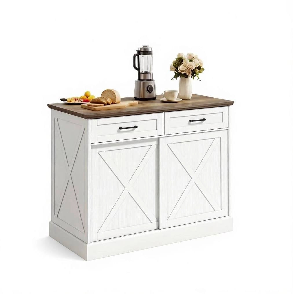 Isola cucina 106,4x57x92 cm bianca e marrone in MDF, 2 cassetti e anta scorrevole