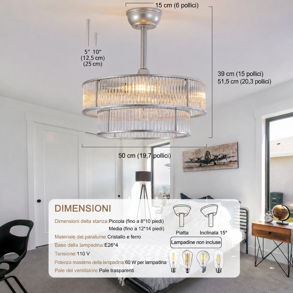 Ventilatore da soffitto con luce e cristalli da 50 cm; 6 velocità e controllo da app; vetro e metallo; argentato