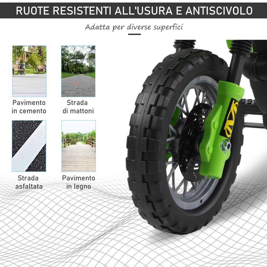 Moto Elettrica per Bambini 3 anni e Pi¨´, Moto Cross Elettrica con Rotelle, Batteria 6V Velocit¨¤ 2.5km/h, 102 x 53 x 66cm, Verde