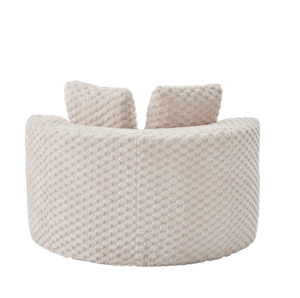Poltrona singola imbottita con pouf, design a barile 360°, tessuto in pelliccia sintetica, dimensioni 130×115×103 cm, adatta a soggiorno e camera da letto