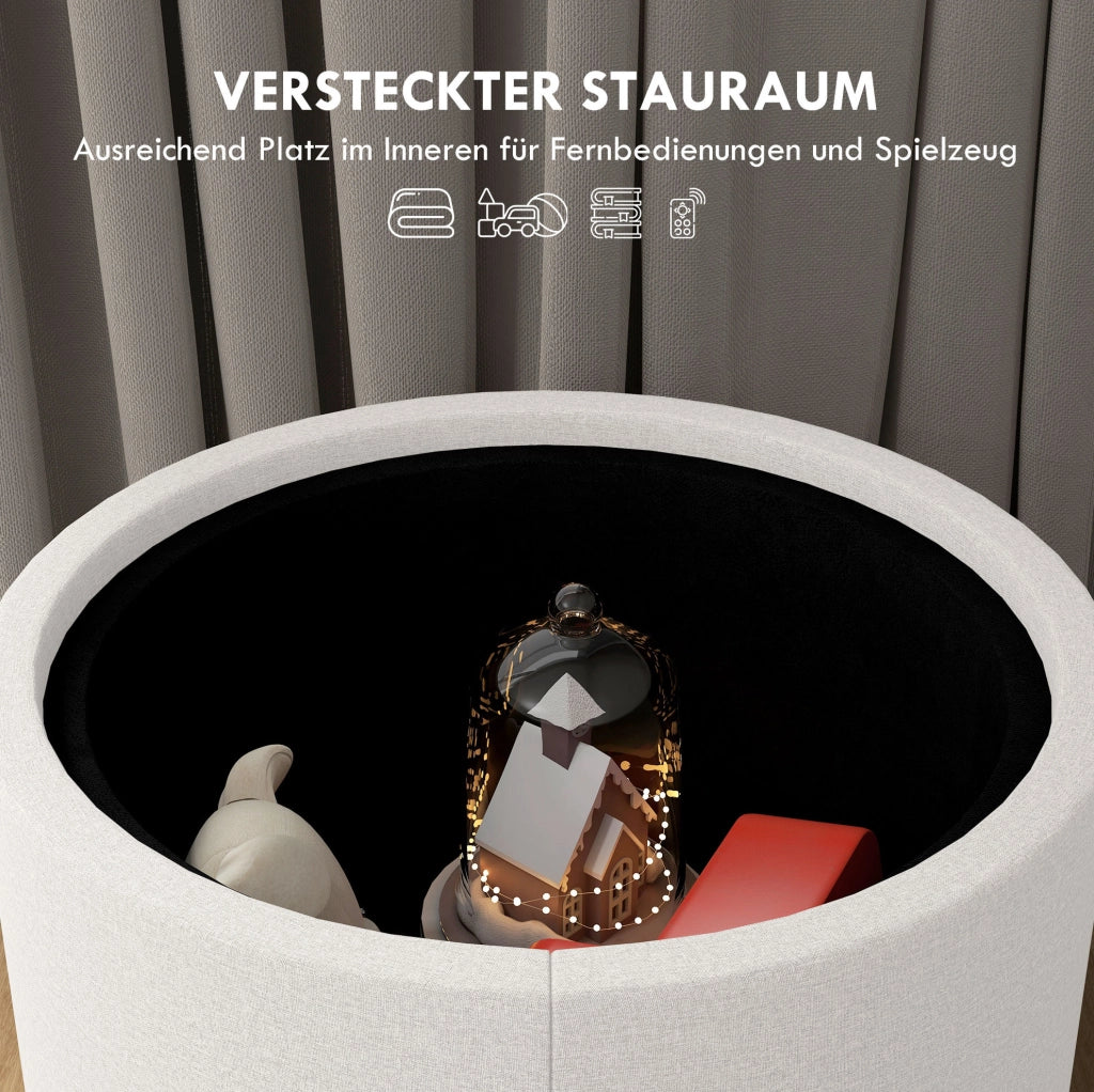 Pouf rotondo ULEVR ?56x42 cm con vano contenitore e coperchio reversibile, effetto lino bianco crema