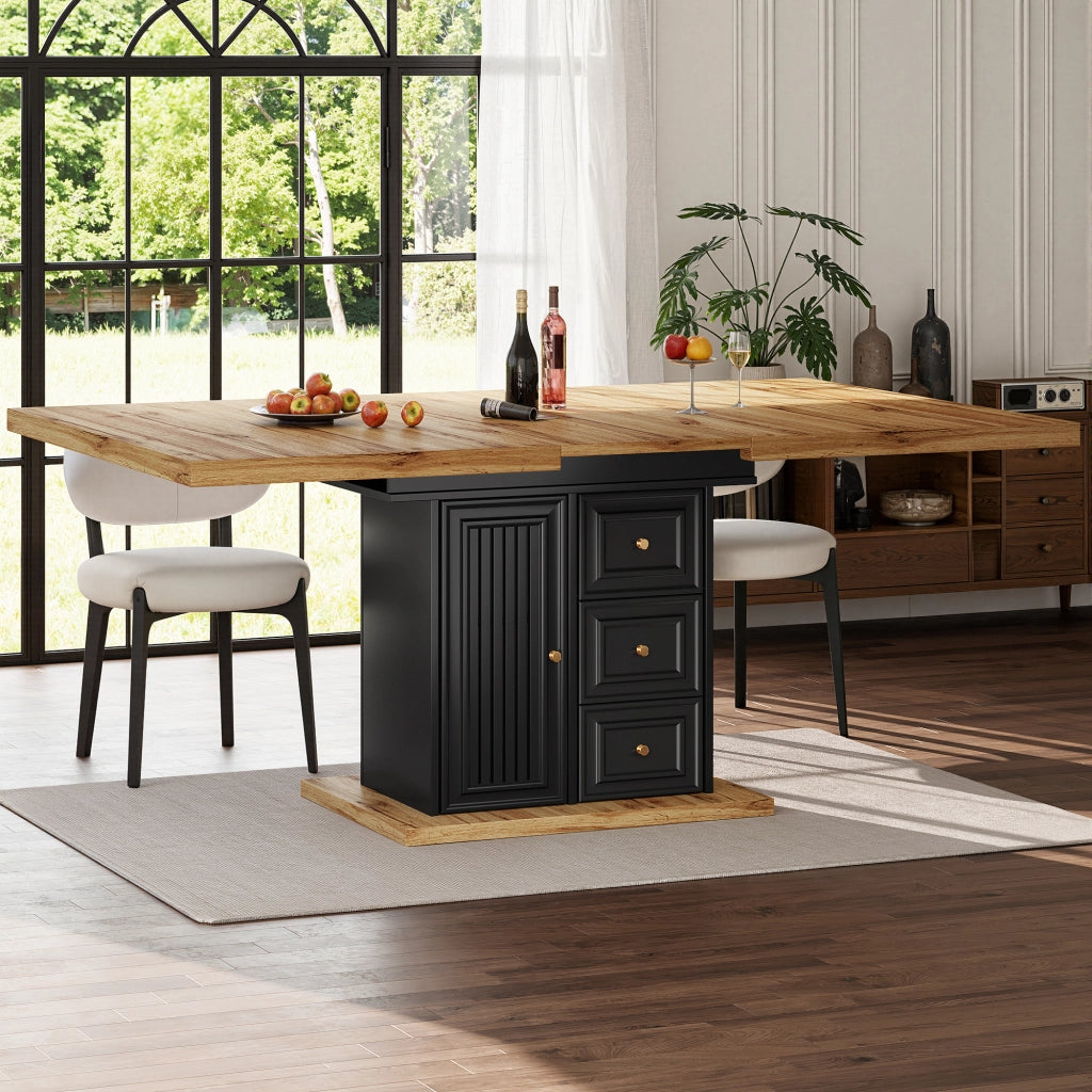 Tavolo da pranzo 6 posti con 1 porta; 2 cassetti e vano; piano allungabile per cucina e soggiorno in MDF e metallo naturale