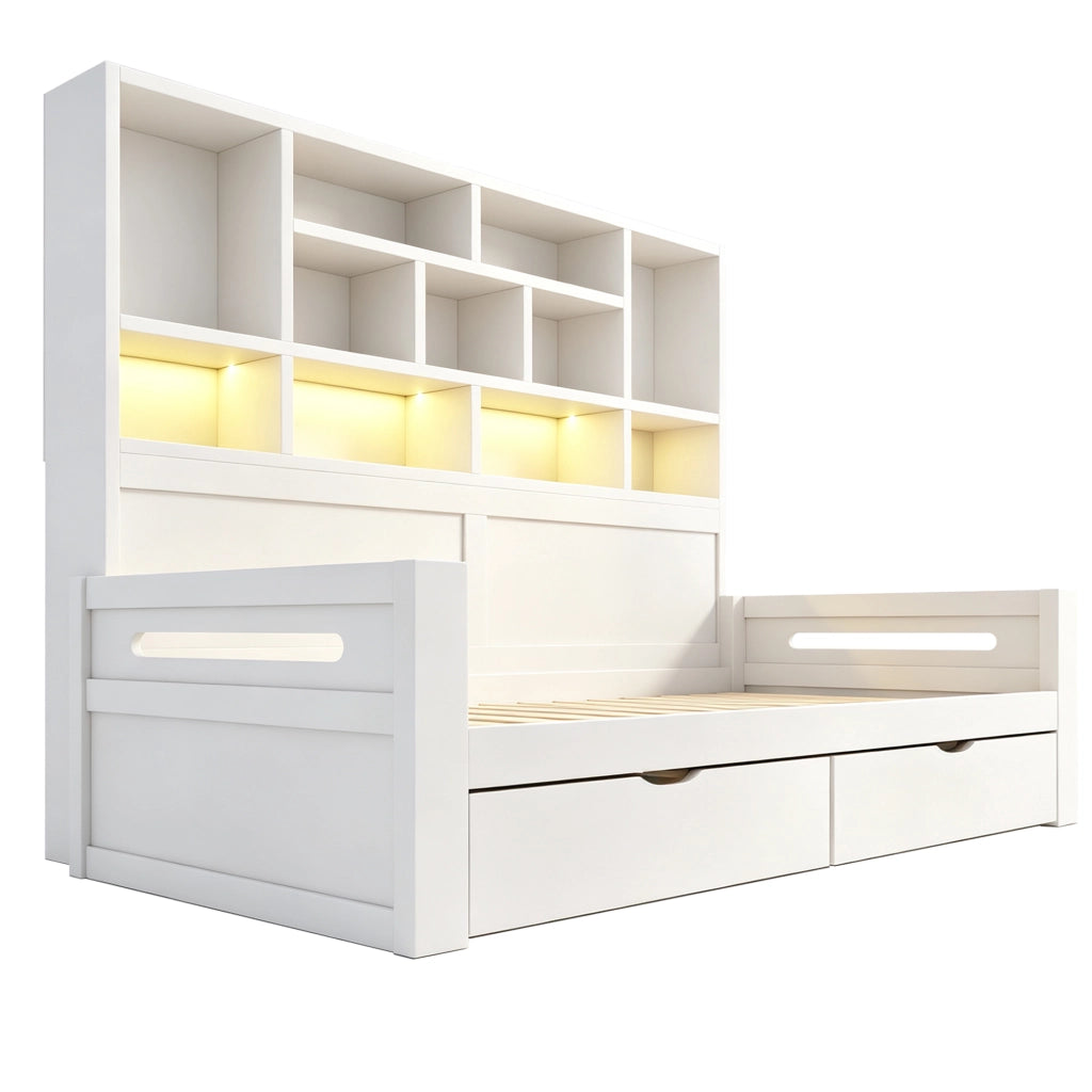 Letto con cassetti 90 × 200 cm con testiera a ripiani LED e prese elettriche in MDF bianco